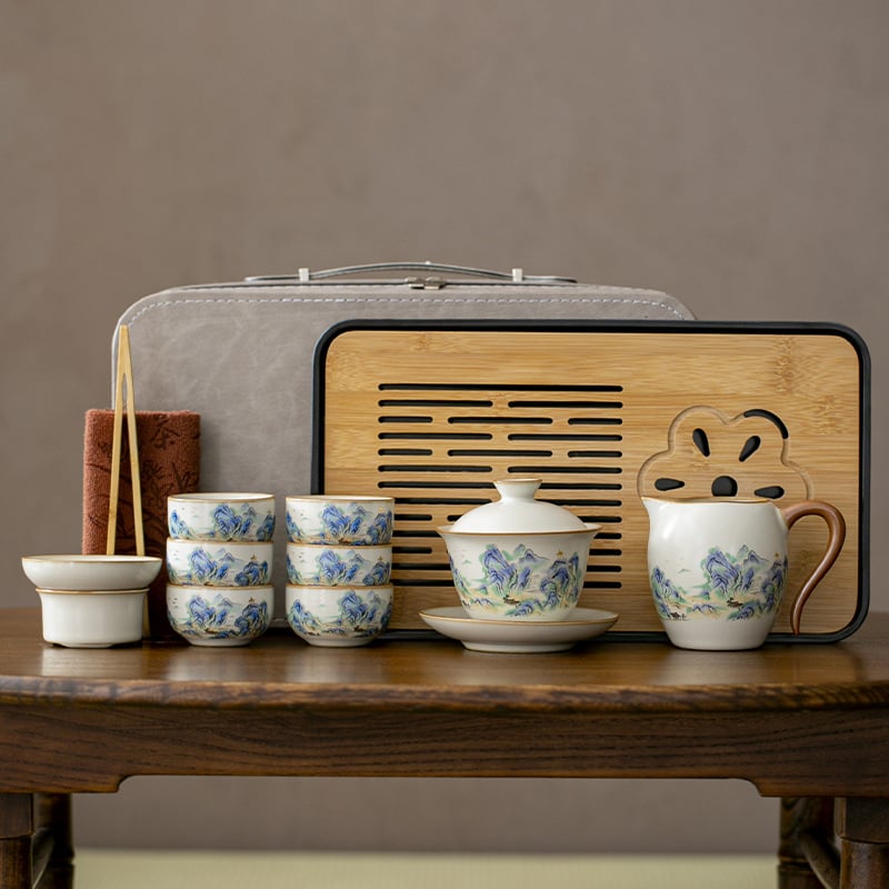 Set portabil de ceai Ru Kiln pentru călătorii – ceainic ceramic, gaiwan, tavă de ceai, set cadou complet