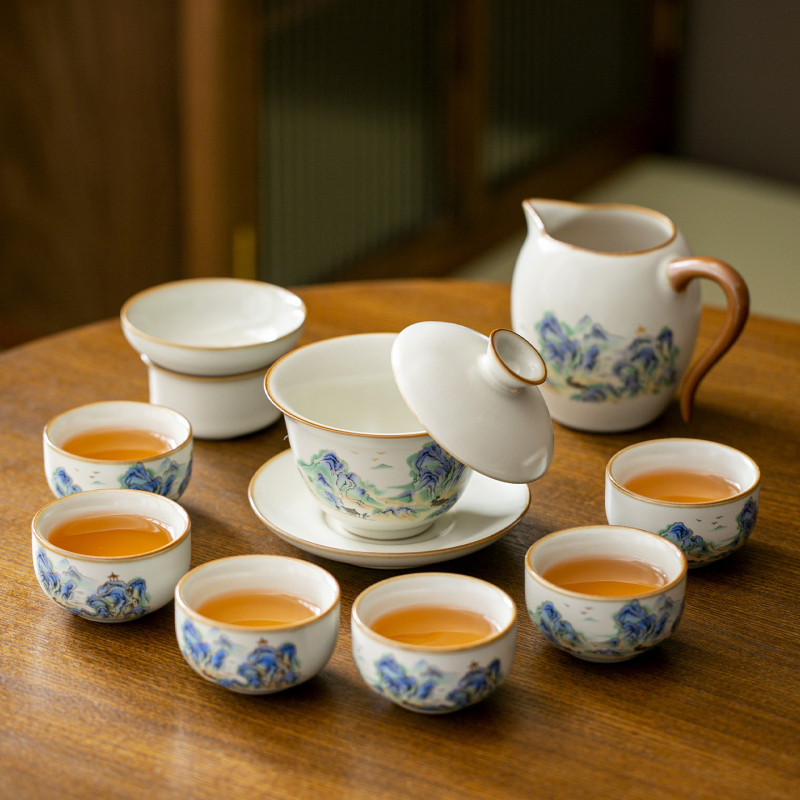 Set portabil de ceai Ru Kiln pentru călătorii – ceainic ceramic, gaiwan, tavă de ceai, set cadou complet