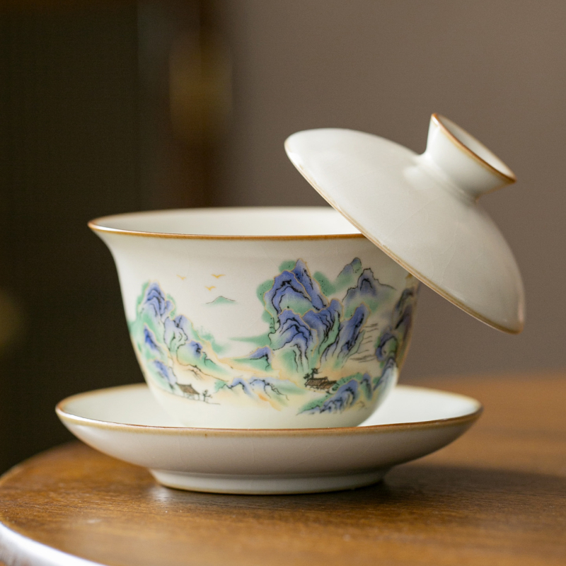 Set portabil de ceai Ru Kiln pentru călătorii – ceainic ceramic, gaiwan, tavă de ceai, set cadou complet
