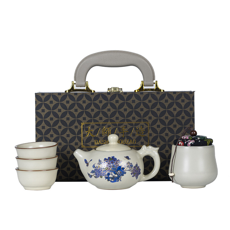 Set de ceai Ru Kiln pentru călătorii – set ceramic portabil pentru exterior, schimbare de culoare la apă fierbinte, cadou personalizat pentru clienți