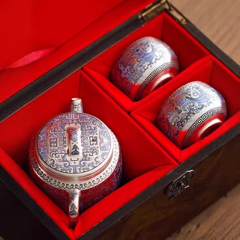 Ceainic placat cu argint 999, încrustație email de aur și argint, mic set de ceai Kung Fu, o cană și două căni, cutie cadou, suvenir