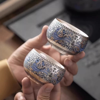 Ceainic placat cu argint 999, încrustație email de aur și argint, mic set de ceai Kung Fu, o cană și două căni, cutie cadou, suvenir