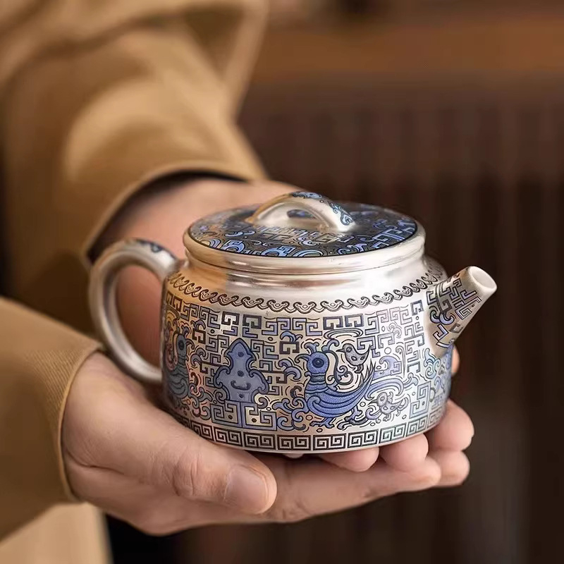 Ceainic placat cu argint 999, încrustație email de aur și argint, mic set de ceai Kung Fu, o cană și două căni, cutie cadou, suvenir