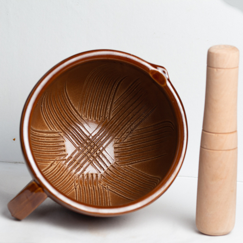 Mojar ceramic pentru usturoi cu ciocan din lemn, mărime medie, râșniță multifuncțională pentru bucătărie