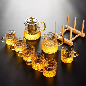 Set de ceai din sticlă cu ceainic, cești și filtru, cu tavă de ceai, pentru 6 persoane, uz casnic, stil modern minimalist
