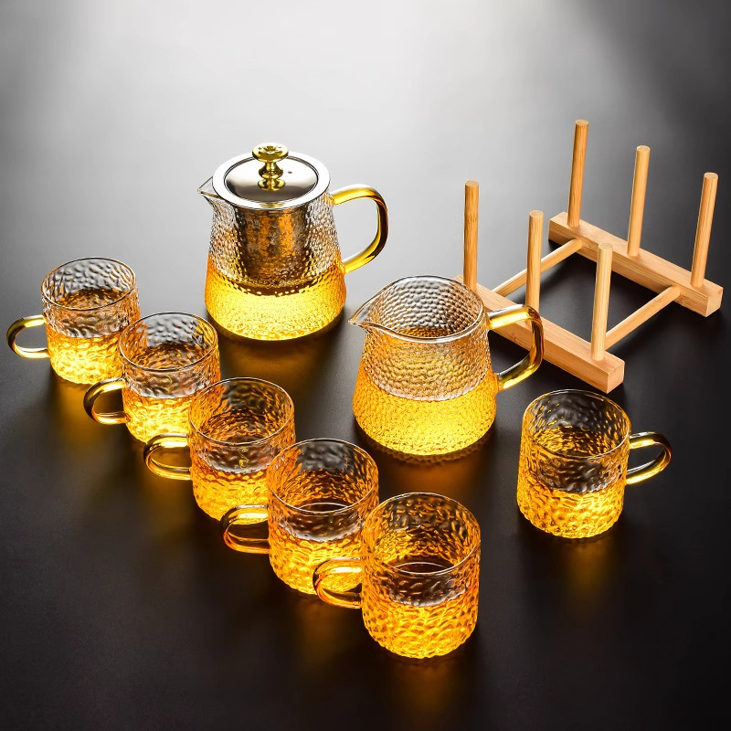 Set de ceai din sticlă cu ceainic, cești și filtru, cu tavă de ceai, pentru 6 persoane, uz casnic, stil modern minimalist