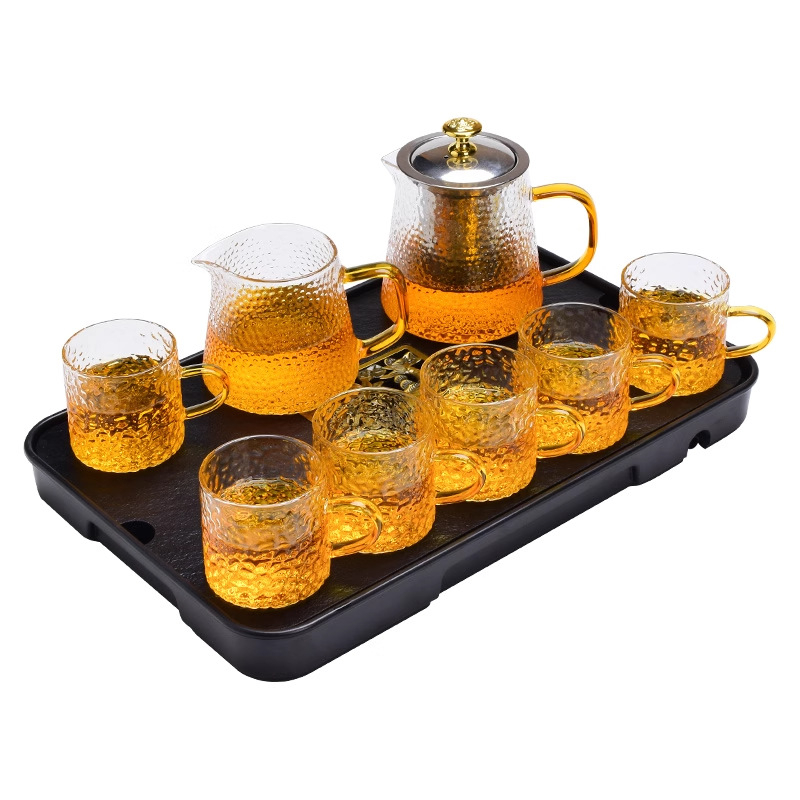 Set de ceai din sticlă cu ceainic, cești și filtru, cu tavă de ceai, pentru 6 persoane, uz casnic, stil modern minimalist