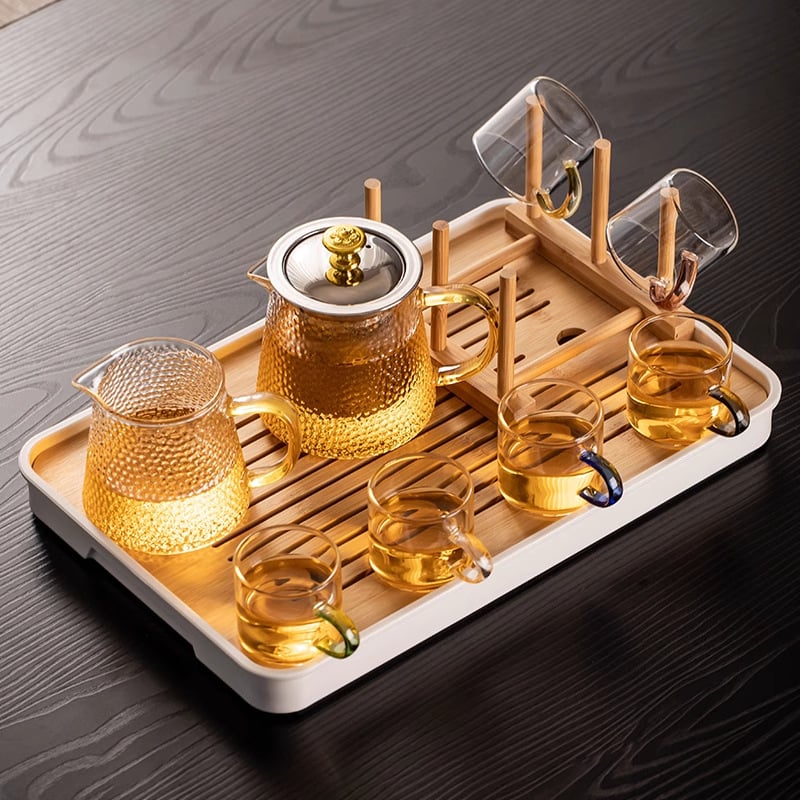 Set de ceai din sticlă cu ceainic, cești și filtru, cu tavă de ceai, pentru 6 persoane, uz casnic, stil modern minimalist
