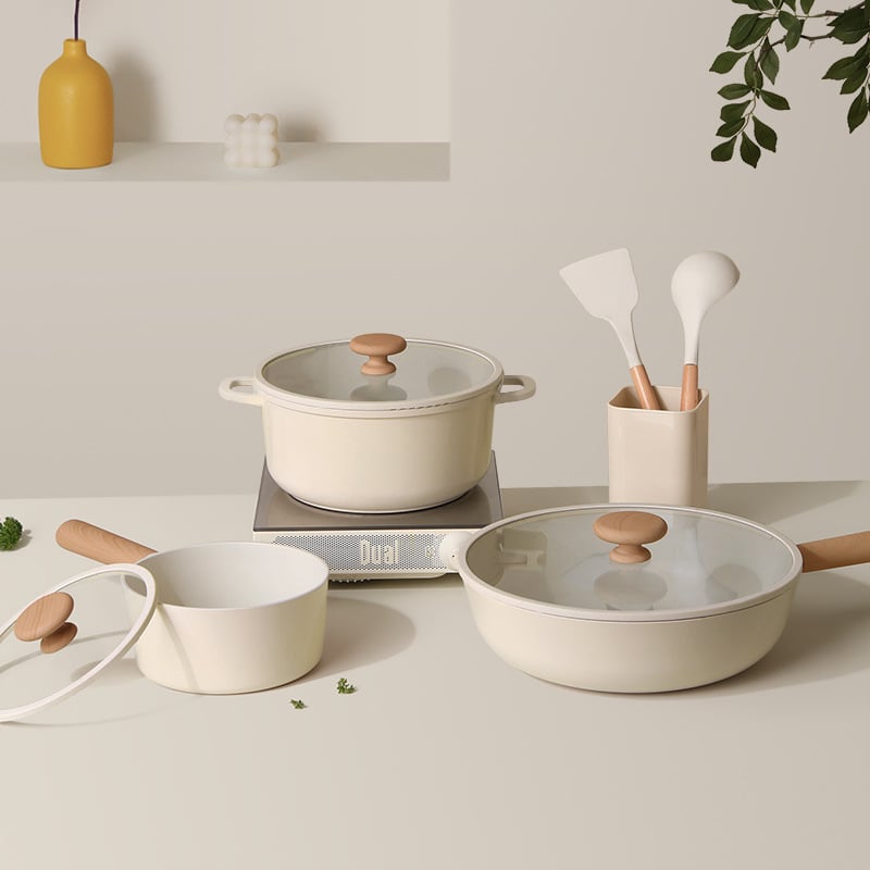 Set de vase din aluminiu antiaderent cu capace din sticlă: tigaie, oală pentru lapte, oală pentru sos și oală pentru supă, compatibil cu toate plitele