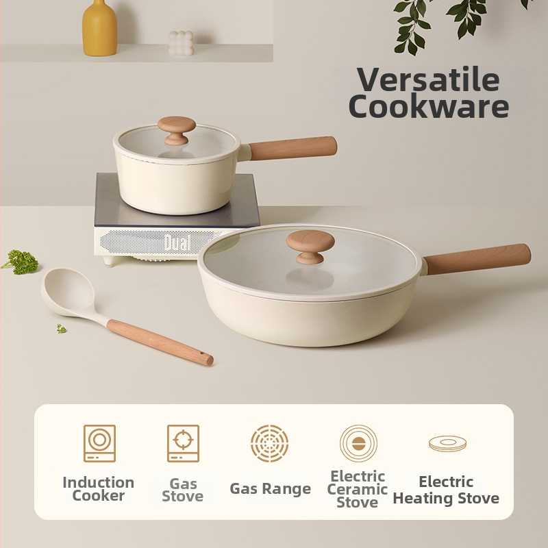 Set de vase din aluminiu antiaderent cu capace din sticlă: tigaie, oală pentru lapte, oală pentru sos și oală pentru supă, compatibil cu toate plitele