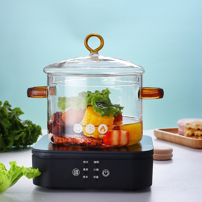 Oală de gătit din sticlă cu mâneri duble pentru plita cu gaz, sticlă borosilicat, pentru supe, tocănițe și bol cu tăiței