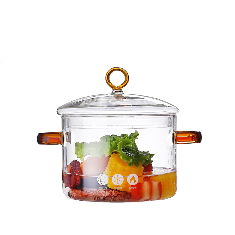 Oală de gătit din sticlă cu mâneri duble pentru plita cu gaz, sticlă borosilicat, pentru supe, tocănițe și bol cu tăiței
