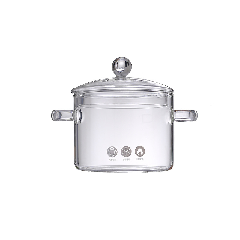 Oală de gătit din sticlă cu mâneri duble pentru plita cu gaz, sticlă borosilicat, pentru supe, tocănițe și bol cu tăiței