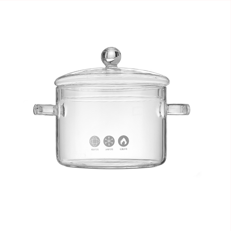 Oală de gătit din sticlă cu mâneri duble pentru plita cu gaz, sticlă borosilicat, pentru supe, tocănițe și bol cu tăiței