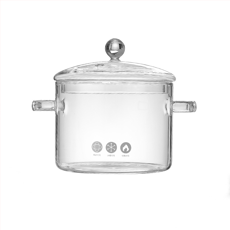 Oală de gătit din sticlă cu mâneri duble pentru plita cu gaz, sticlă borosilicat, pentru supe, tocănițe și bol cu tăiței