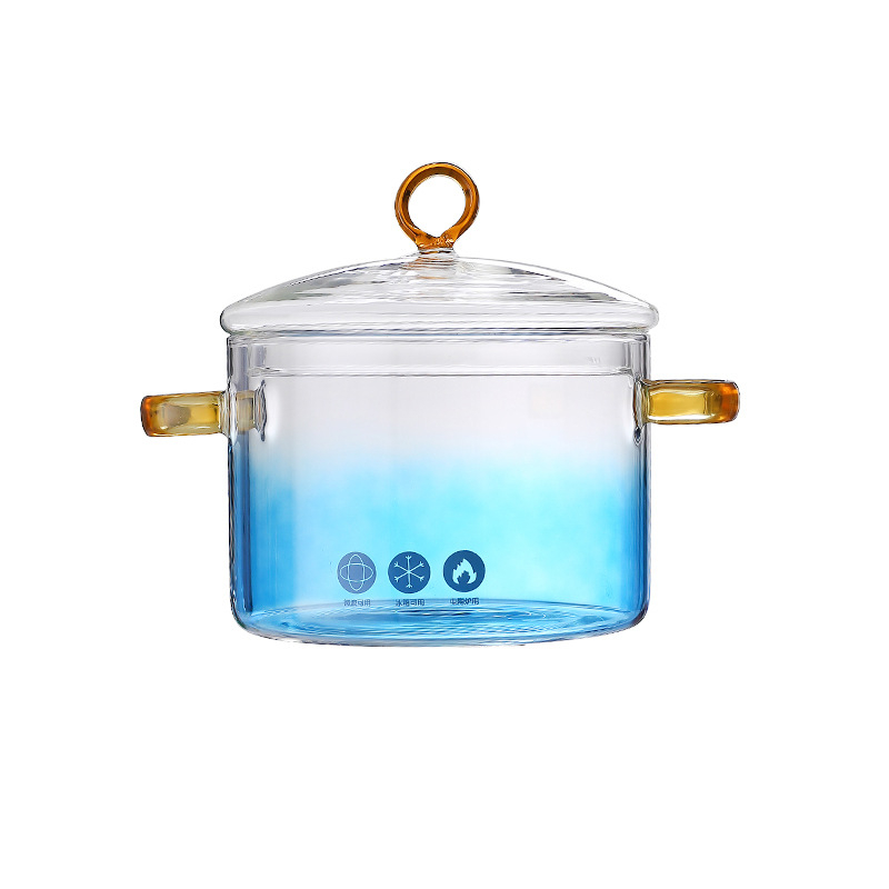 Oală de gătit din sticlă cu mâneri duble pentru plita cu gaz, sticlă borosilicat, pentru supe, tocănițe și bol cu tăiței