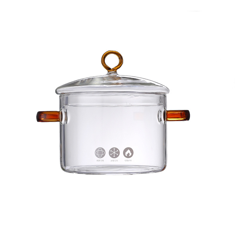 Oală de gătit din sticlă cu mâneri duble pentru plita cu gaz, sticlă borosilicat, pentru supe, tocănițe și bol cu tăiței