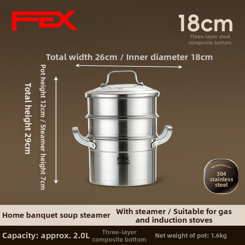 Oală de supă din oțel inoxidabil 304, grosime, cu mâner dublu și inserție pentru aburi, pentru gătit și abur, compatibilă cu aragazuri pe gaz și plite cu inducție