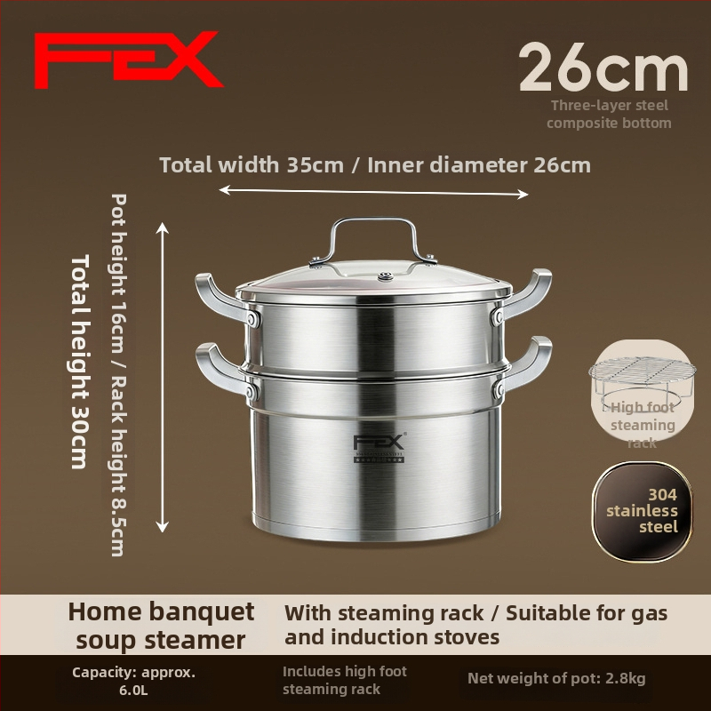 Oală de supă din oțel inoxidabil 304, grosime, cu mâner dublu și inserție pentru aburi, pentru gătit și abur, compatibilă cu aragazuri pe gaz și plite cu inducție