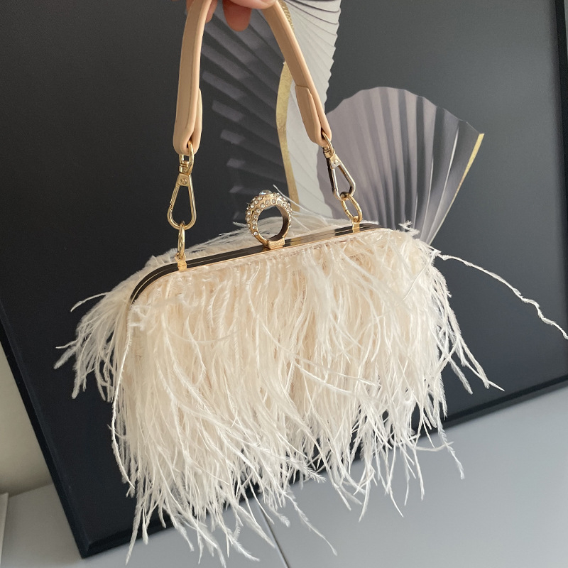 Vintage ženska torbica s perju strusa ružičasto-crvene boje, mala kvadratna PU torba s lancem, baršunasti izgled