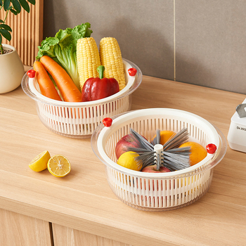 Coș mare dublu etajat pentru spălat fructe și legume, cu drenaj – design modern pentru bucătărie