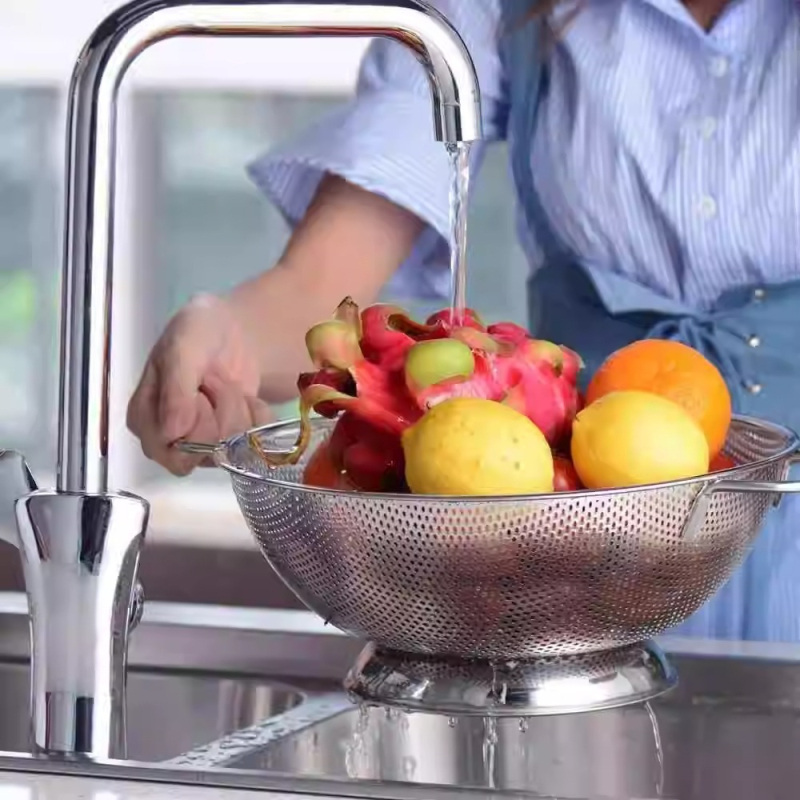 Coș din oțel inoxidabil pentru spălat legume, cu găuri fine și două mâneres, coș de scurgere multifuncțional pentru legume și fructe