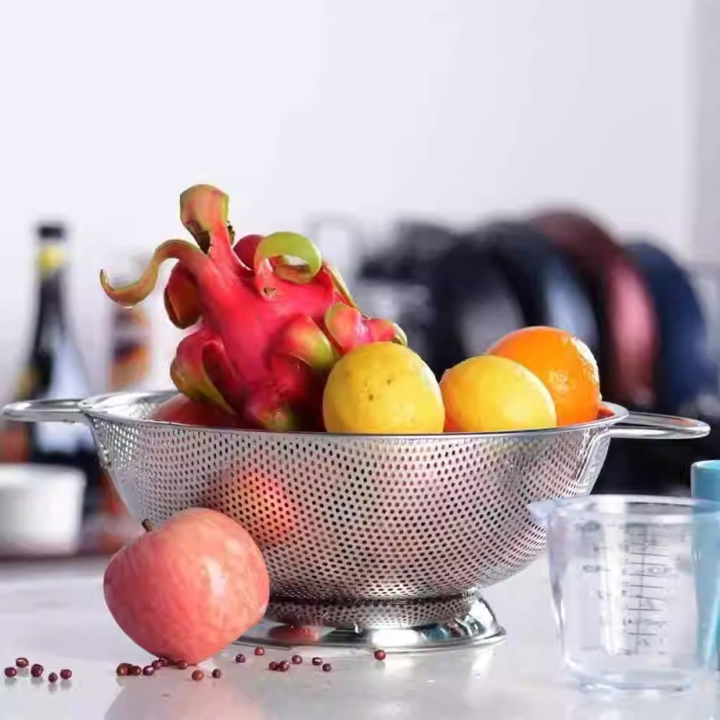 Coș din oțel inoxidabil pentru spălat legume, cu găuri fine și două mâneres, coș de scurgere multifuncțional pentru legume și fructe