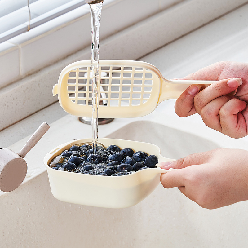 Coș de spălat fructe și legume cu mâner, stil japonez, mini dimensiune, coș de scurgere și filtrare a apei