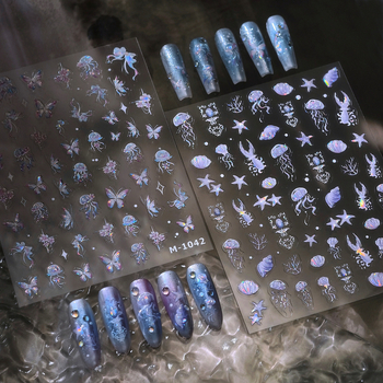 M-985 Ocean Stil, matne staklene naljepnice za nokte s meduzom, leptiricom i morskom zvijezdom – 3D gel naljepnice za nokte
