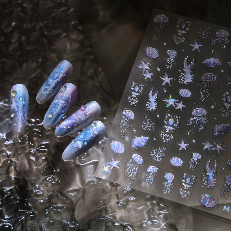 M-985 Ocean Stil, matne staklene naljepnice za nokte s meduzom, leptiricom i morskom zvijezdom – 3D gel naljepnice za nokte