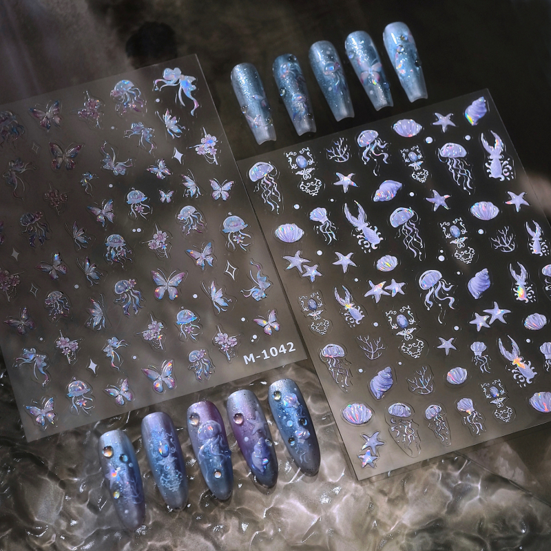 M-985 Ocean Stil, matne staklene naljepnice za nokte s meduzom, leptiricom i morskom zvijezdom – 3D gel naljepnice za nokte