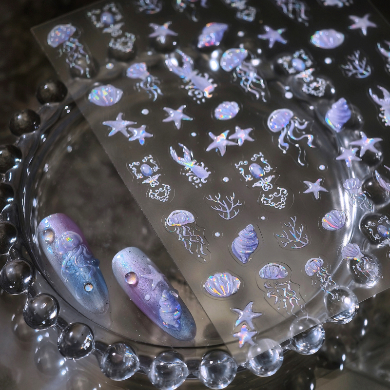 M-985 Ocean Stil, matne staklene naljepnice za nokte s meduzom, leptiricom i morskom zvijezdom – 3D gel naljepnice za nokte