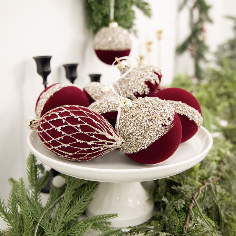 Set de globuri de Crăciun cu textură velur, în forme variate, pentru decor DIY al bradului