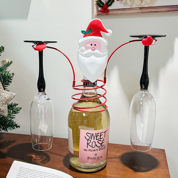 Suport metalic pentru sticle de vin și pahare cu Moș Crăciun – decor de birou de Crăciun
