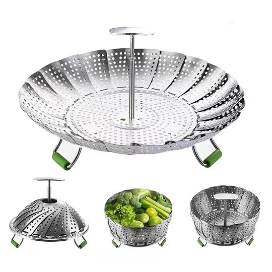 Coș de aburi pliabil din oțel inoxidabil 430, design lotus, suport telescopic pentru aburi, tavă multifuncțională pentru chifle și dumplings, tavă de abur și scurgere
