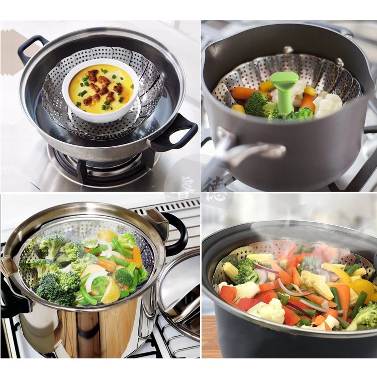 Coș de aburi pliabil din oțel inoxidabil 430, design lotus, suport telescopic pentru aburi, tavă multifuncțională pentru chifle și dumplings, tavă de abur și scurgere