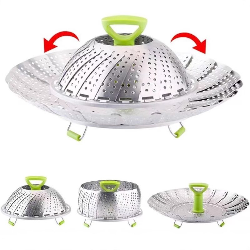 Coș de aburi pliabil din oțel inoxidabil 430, design lotus, suport telescopic pentru aburi, tavă multifuncțională pentru chifle și dumplings, tavă de abur și scurgere