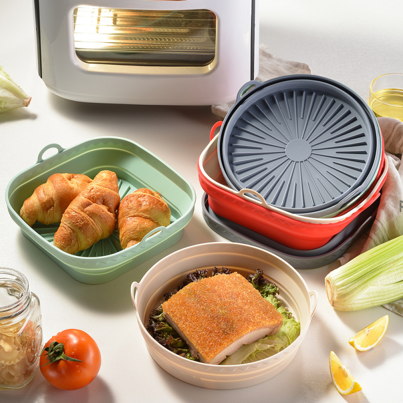 Tava din siliconă pentru air fryer, rotundă și pătrată, cu covoraș din silicon