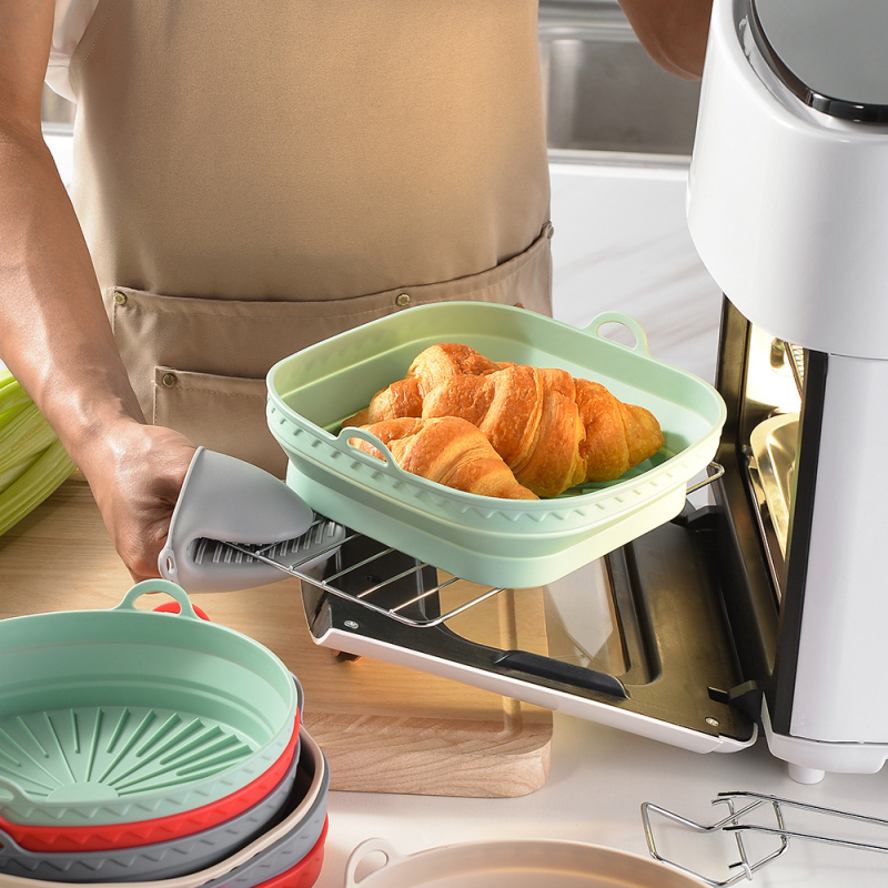 Tava din siliconă pentru air fryer, rotundă și pătrată, cu covoraș din silicon