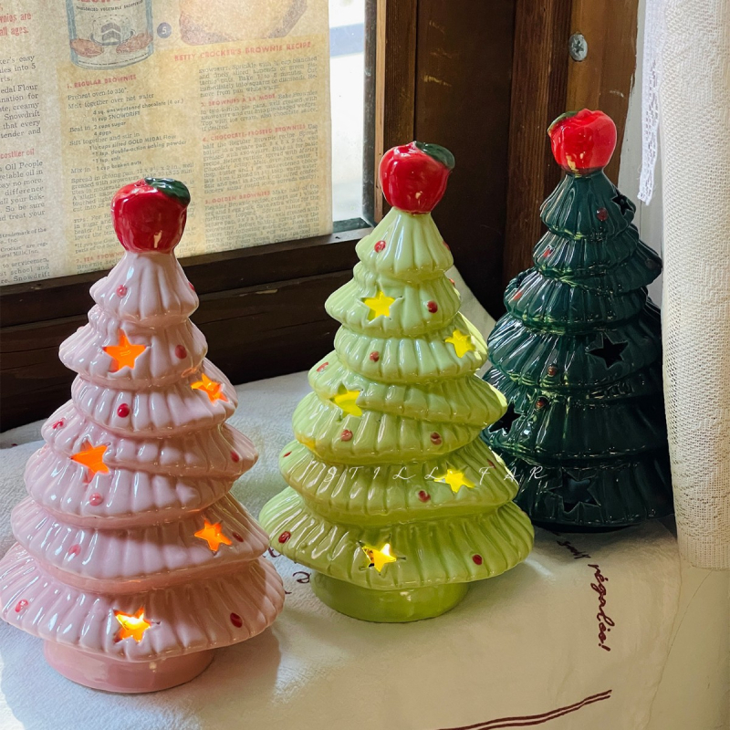 Brad ceramic cu motiv de măr — lampă ambientală pentru noptieră, decor de dormitor, cadou de Crăciun și de ziua fetelor