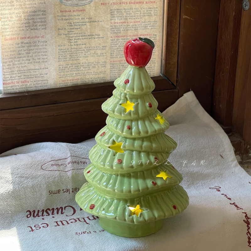 Brad ceramic cu motiv de măr — lampă ambientală pentru noptieră, decor de dormitor, cadou de Crăciun și de ziua fetelor