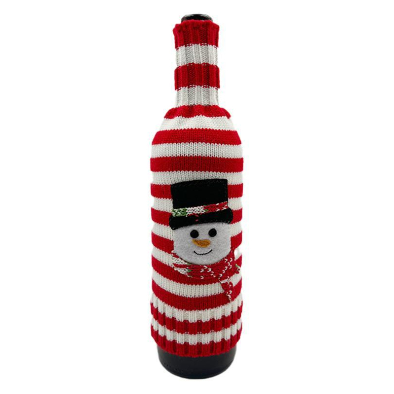 Set de huse pentru sticle de vin din lână și acril, tricotate, cu dungi, de Crăciun, pentru vin și șampanie, cu cerb și om de zăpadă