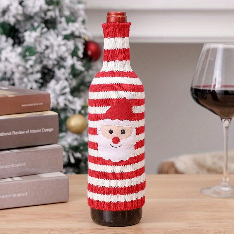 Set de huse pentru sticle de vin din lână și acril, tricotate, cu dungi, de Crăciun, pentru vin și șampanie, cu cerb și om de zăpadă
