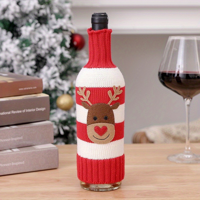 Set de huse pentru sticle de vin din lână și acril, tricotate, cu dungi, de Crăciun, pentru vin și șampanie, cu cerb și om de zăpadă
