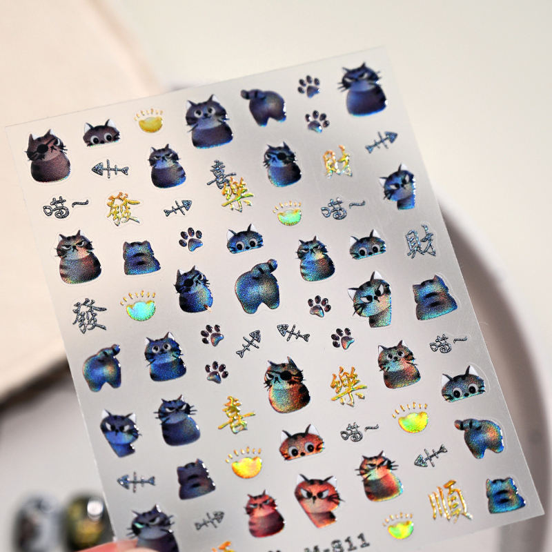 Nokti naljepnice M810 sa sretnom mačkom, emoji mačke i crtani mačji lica, laserski efekt