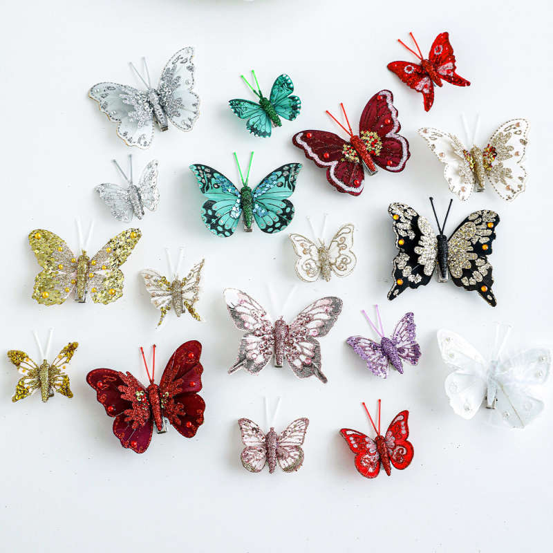 Ornament pentru brad: fluture colorat, decupat, cu sclipici, clemă de prindere