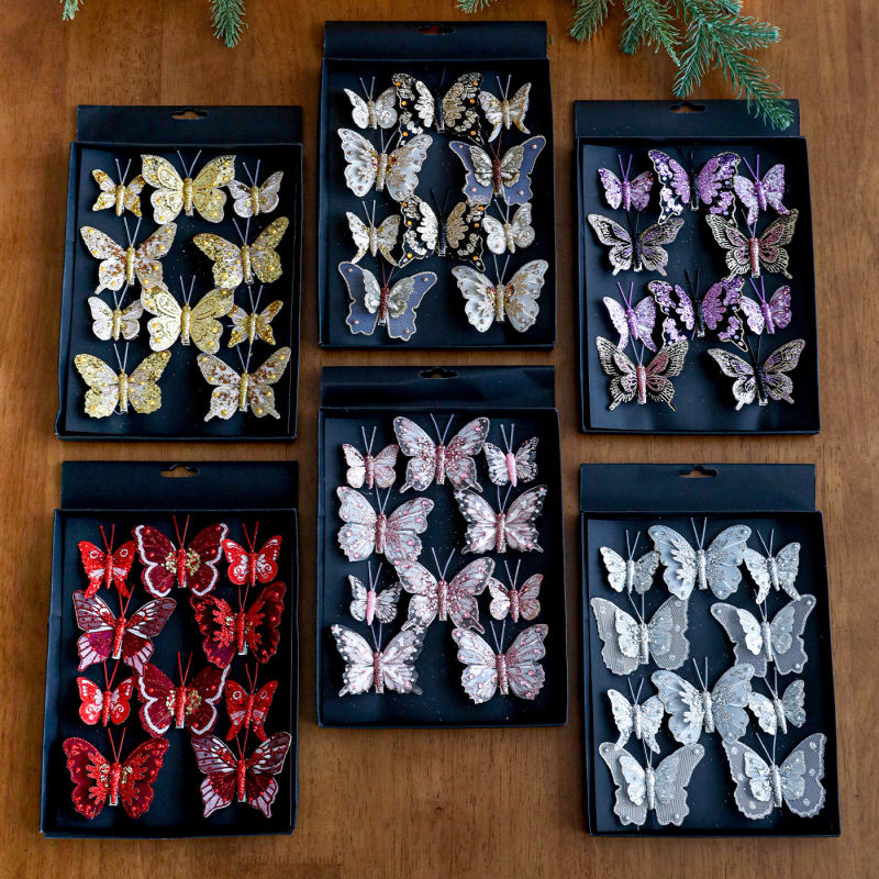 Ornament pentru brad: fluture colorat, decupat, cu sclipici, clemă de prindere