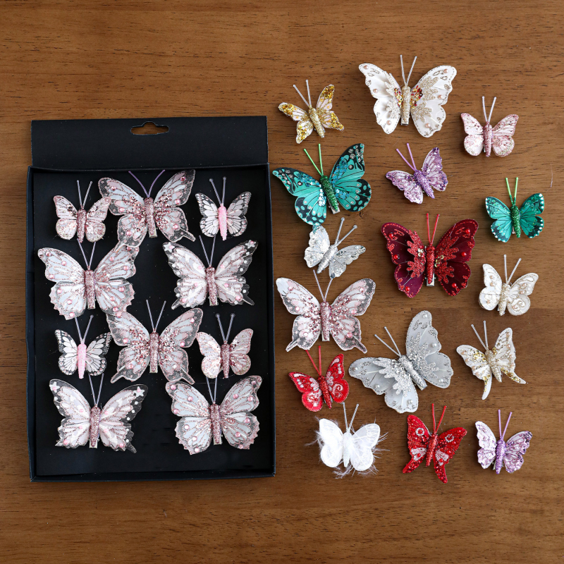 Ornament pentru brad: fluture colorat, decupat, cu sclipici, clemă de prindere