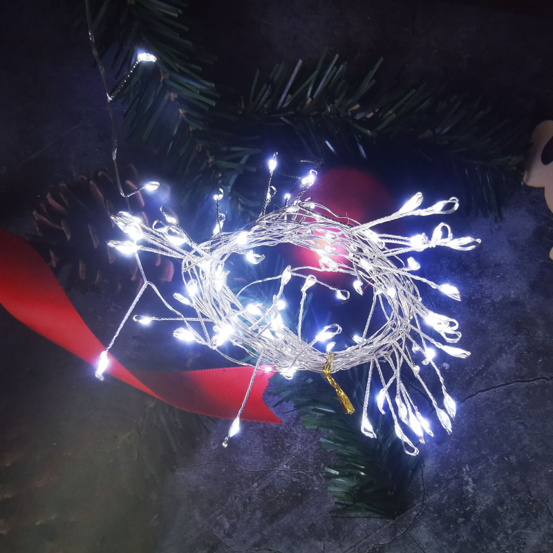 Șir LED din sârmă de cupru, cu design de artificii pentru Crăciun, alimentare USB, 24V, reglaj intensitate, IP44, lungime 3m sau 6m, 200 LED-uri