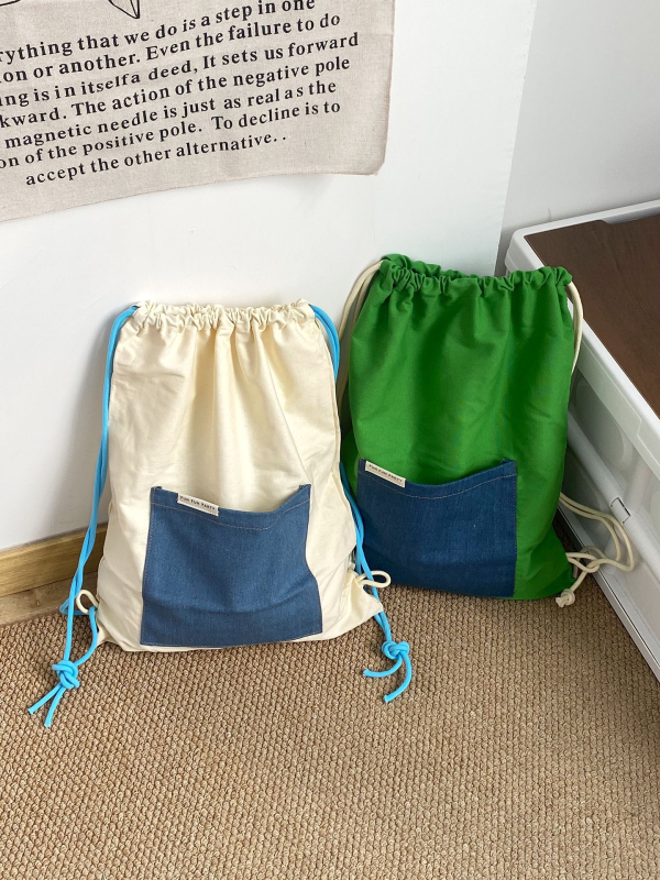 Ruksak od platna u korejskom stilu za proljeće, s vezivanjem, veliki kapacitet, blok boja, retro umjetnički stil, za svakodnevnu upotrebu